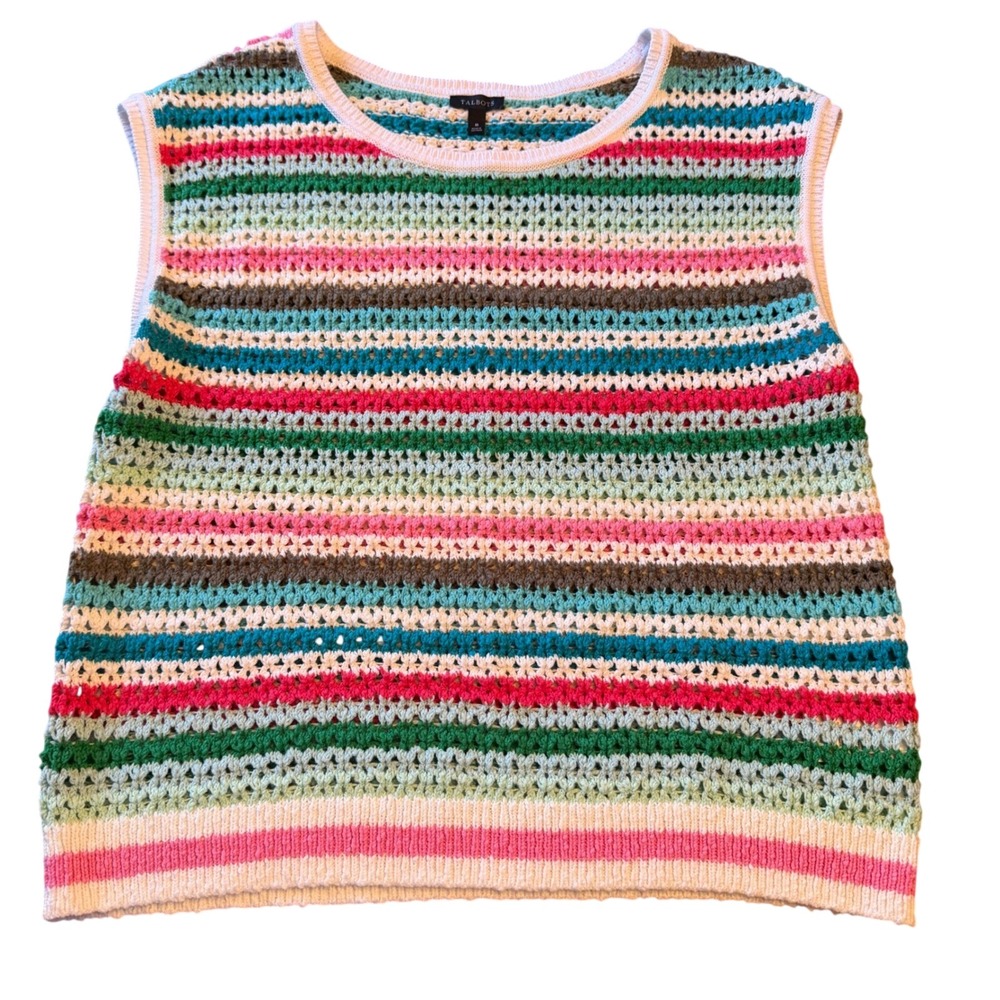 Talbots Crochet Knit Stripe Sweater Tank Top Size Medium Boho Colorful Festival